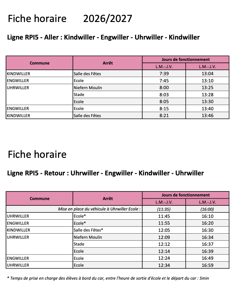 Horaire bus RPI 26 27